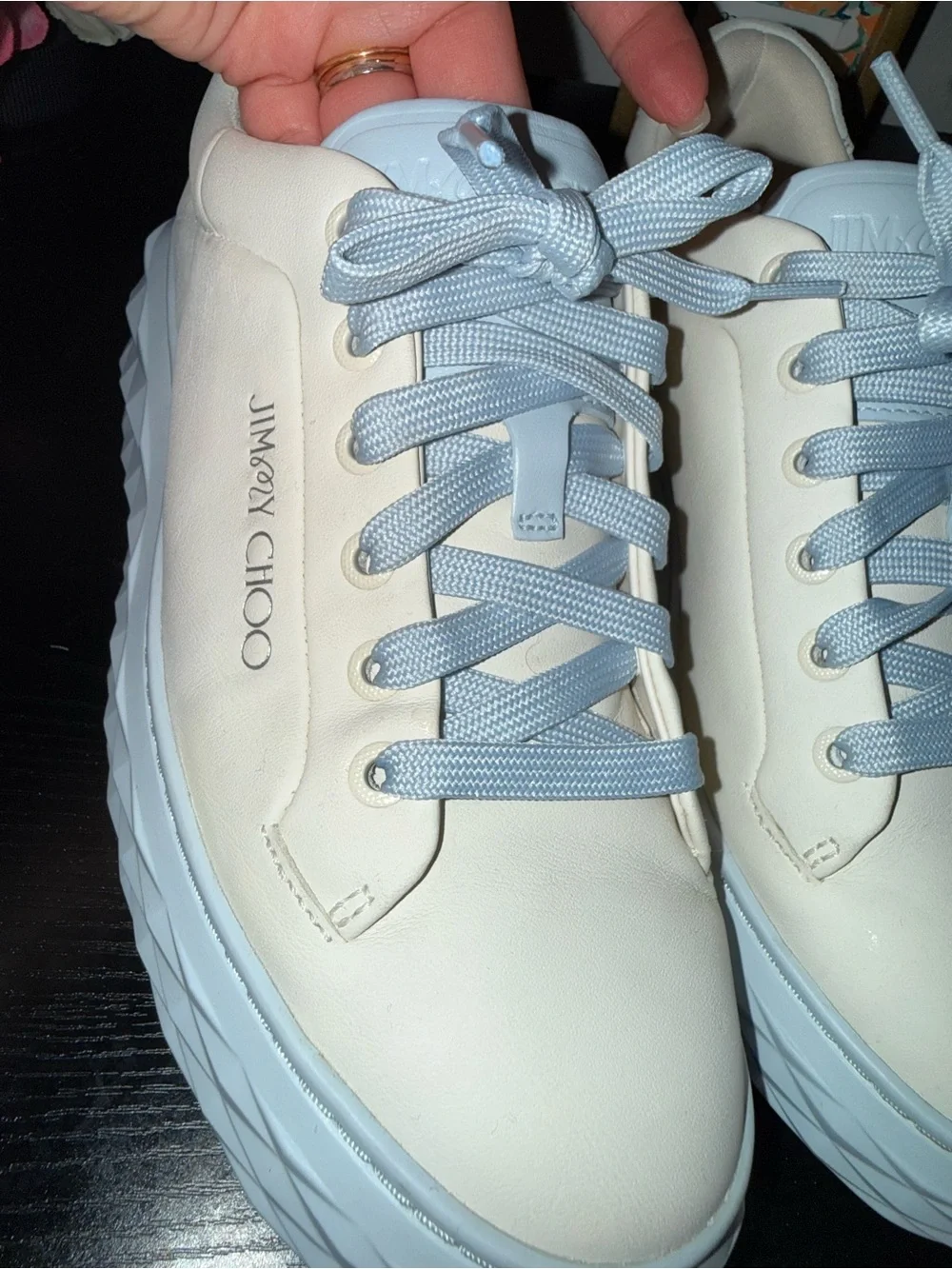 Jimmy Choo Leather Sneakers Platform Cream Blue Lace Up Size 37.5 - Picture 7 of 10